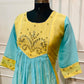 Aqua Blue & Yellow Embroidered Mull Chanderi A-Line Suit Set (RT1329)