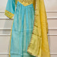 Aqua Blue & Yellow Embroidered Mull Chanderi A-Line Suit Set (RT1329)