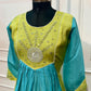 Lime Turquoise Bloom Mull Chanderi Embroidered Anarkali Suit Set (RT1337)