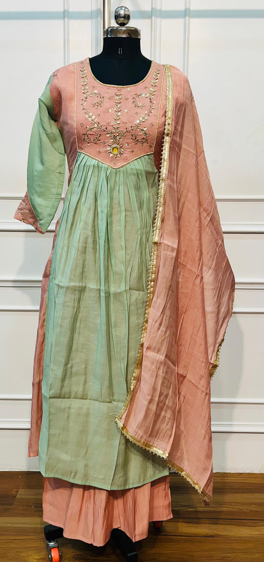 Mint Peach Floral Grace Mull Chanderi Embroidered Anarkali Suit Set (RT1338)