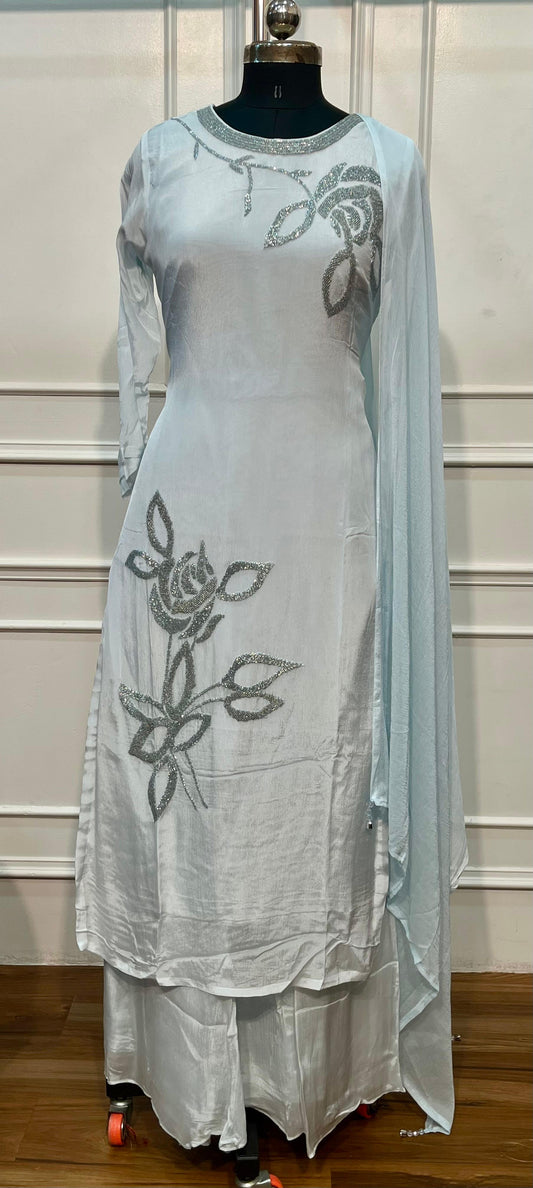 Ice Blue Floral Embroidered Chinon Sharara Suit Set (RT1353)