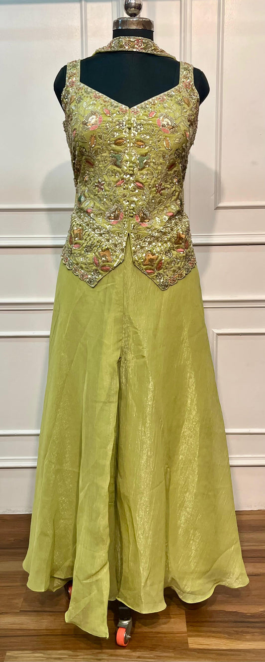 Lime Green Floral Embroidered Salsa Sharara Dress Set (RT1355)