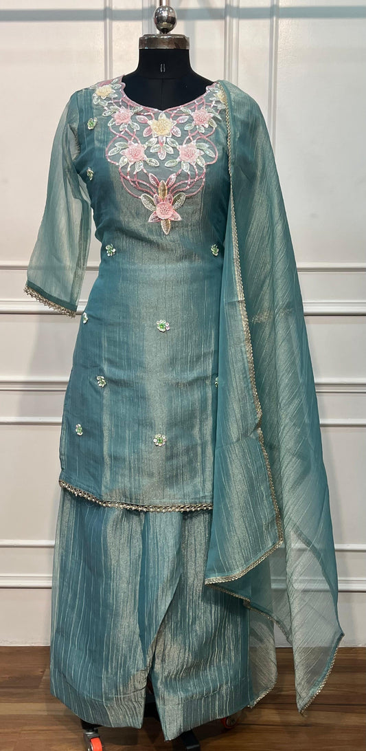 Teal Blue Floral Grace Embroidered Palazzo Suit Set (RT1358)