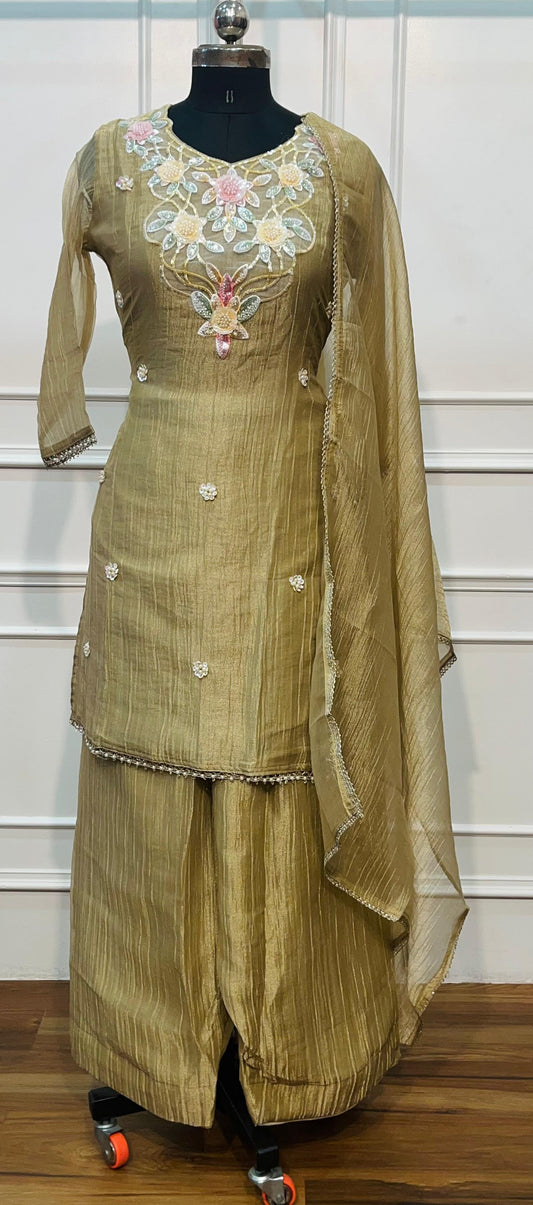 Olive Gold Floral Elegance Embroidered Palazzo Suit Set (RT1357)