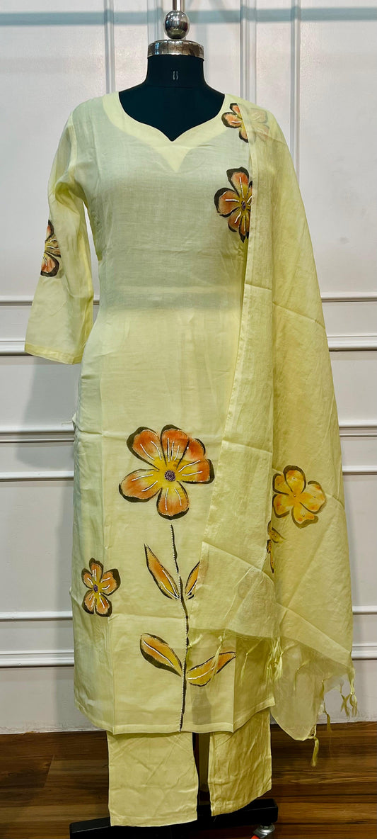 Pastel Lime Floral Mull Chanderi Suit Set (RT1365)