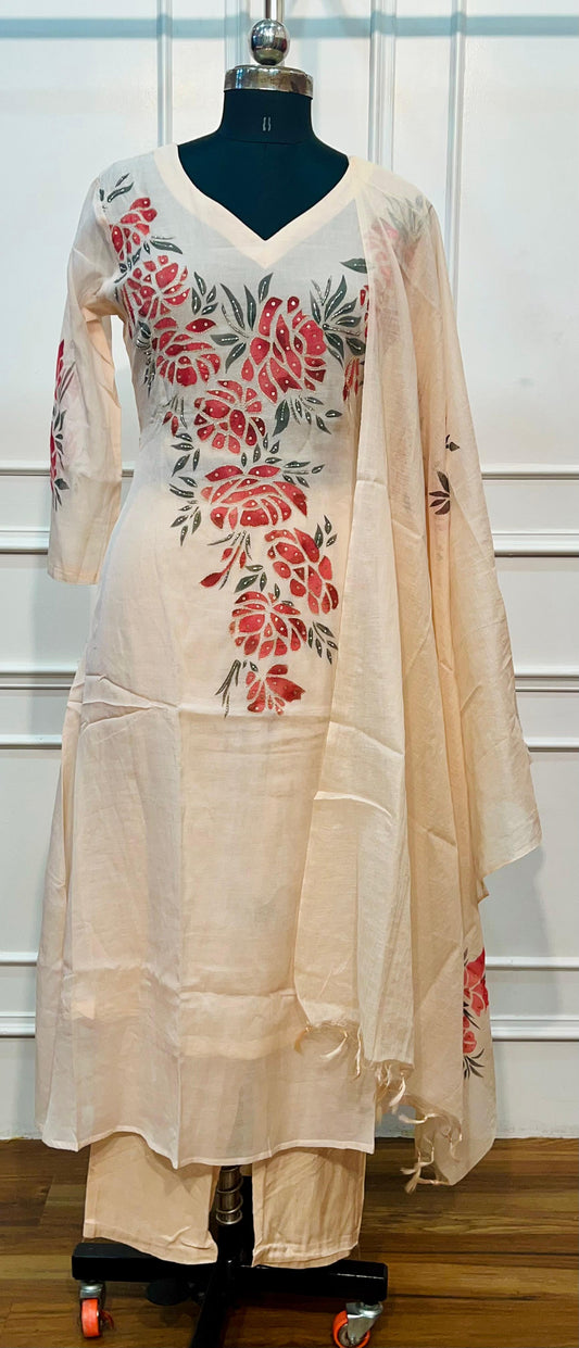 Ivory Red Floral Printed Mull Chanderi A-Line Suit Set with Dupatta (RT1371)