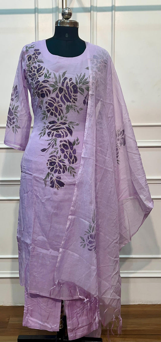 Lavender Botanical Floral Print Mull Chanderi A-Line Suit Set with Dupatta (RT1369)