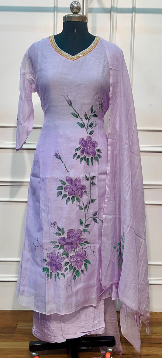 Lilac Butterfly Premium Mull Chanderi Embroidered Suit Set (RT1375)
