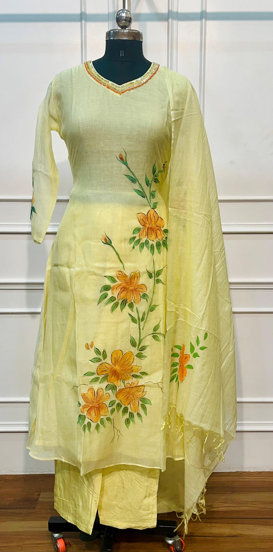 Marigold Grace Premium Mull Chanderi Embroidered Suit Set (RT1377)