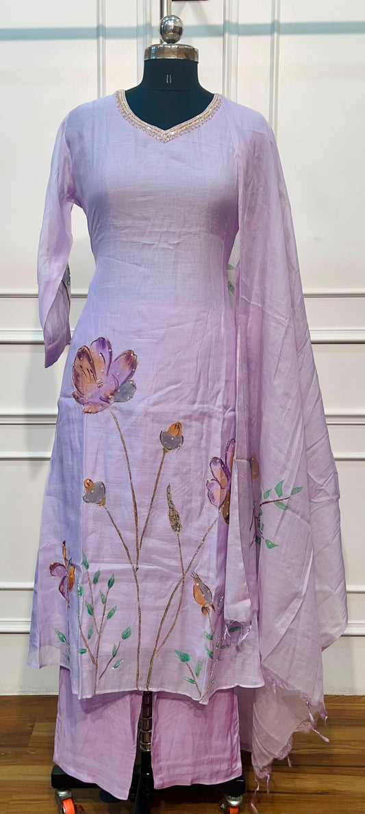 Lavender Bloom Premium Mull Chanderi Embroidered Suit Set (RT1373)