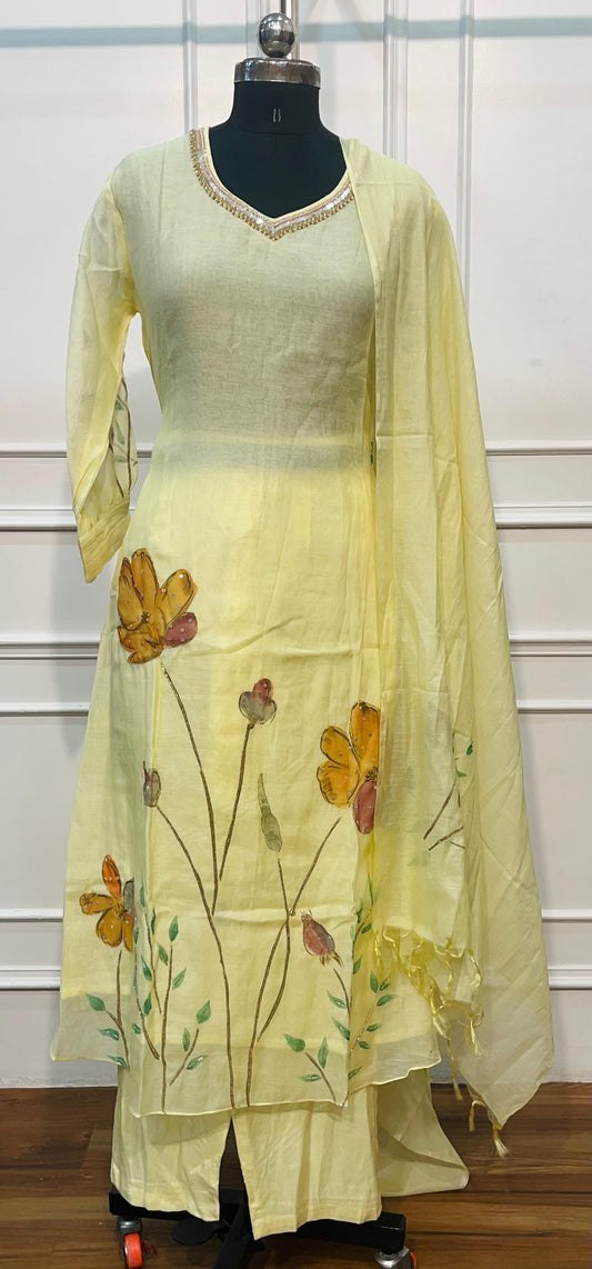 Sunshine Butterfly Premium Mull Chanderi Embroidered Suit Set (RT1374)