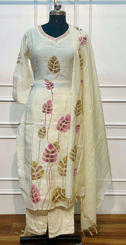 Ivory Blossom Leaf Mull Chanderi Suit Set (RT1381)