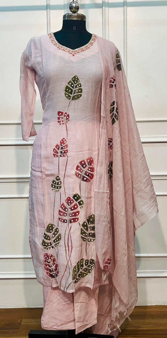 Blush Bloom Mull Chanderi Suit Set (RT1378)