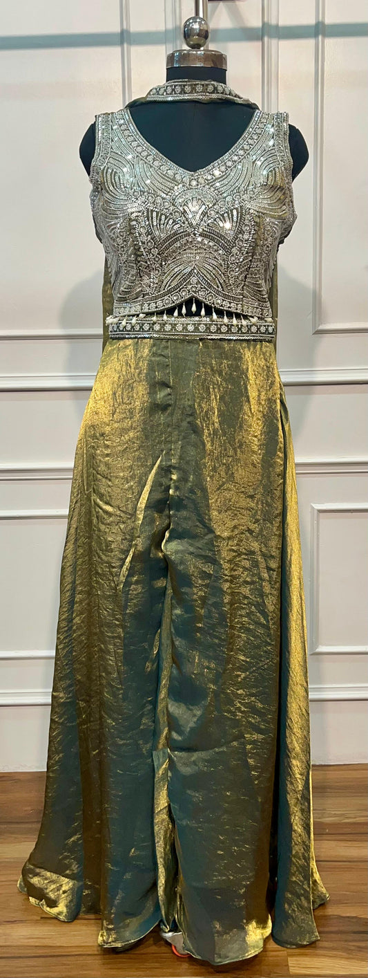Olive Gold Russian Silk Embellished Crop Top Sharara Set (RT1384)