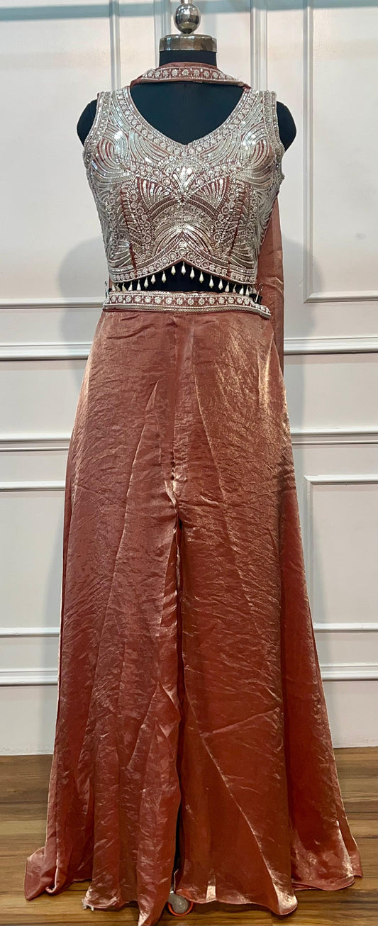 Rust Rose Russian Silk Embellished Crop Top Sharara Set (RT1383)