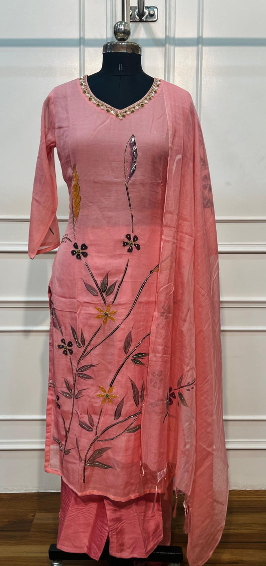 Baby Pink Blossom Mull Chanderi Embroidered A-Line Suit Set (RT1393)