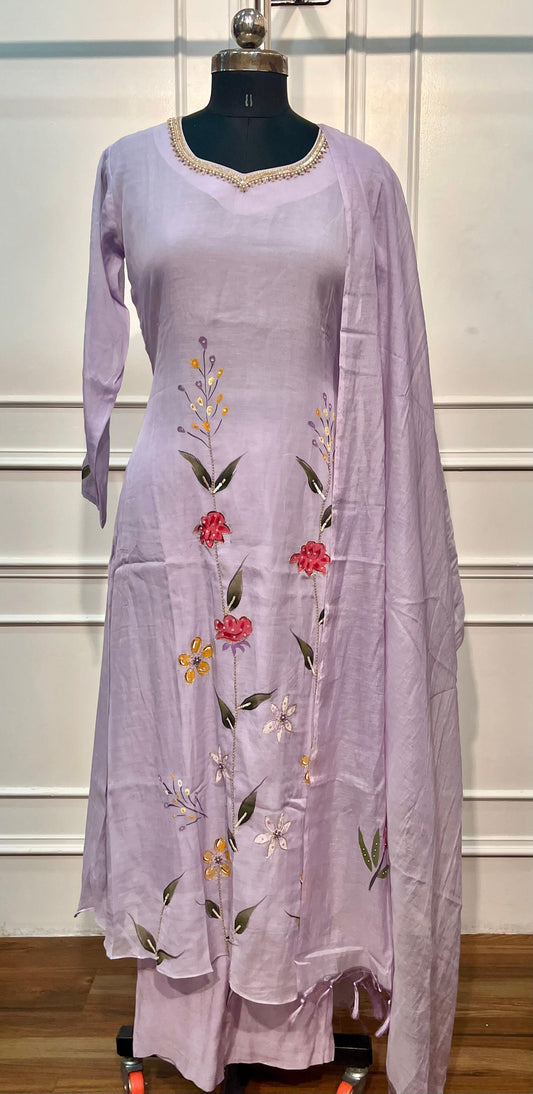 Lavender Floral Elegance Mull Chanderi Embroidered Suit Set (RT1386)