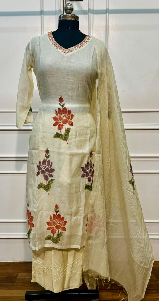 Ivory Blossom Embroidered Mull Chanderi Suit Set (RT1387)