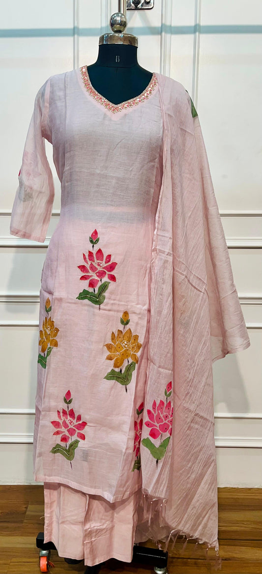 Baby Pink Floral Charm Embroidered Mull Chanderi Suit Set (RT1389)