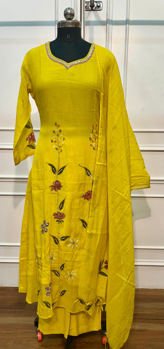 Lime Yellow Floral Grace Mull Chanderi Embroidered A-Line Suit Set (RT1395)