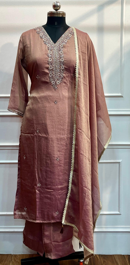 Rosy Mauve Embroidered Imported Fabric 3-Piece Straight Cut Set (RT1400)