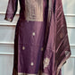 Plum Purple Embroidered Chanderi Tissue Silk 3-Piece Straight Cut Set (RT1403)