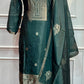 Teal Blue Embroidered Chanderi Tissue Silk 3-Piece Straight Cut Set (RT1402)