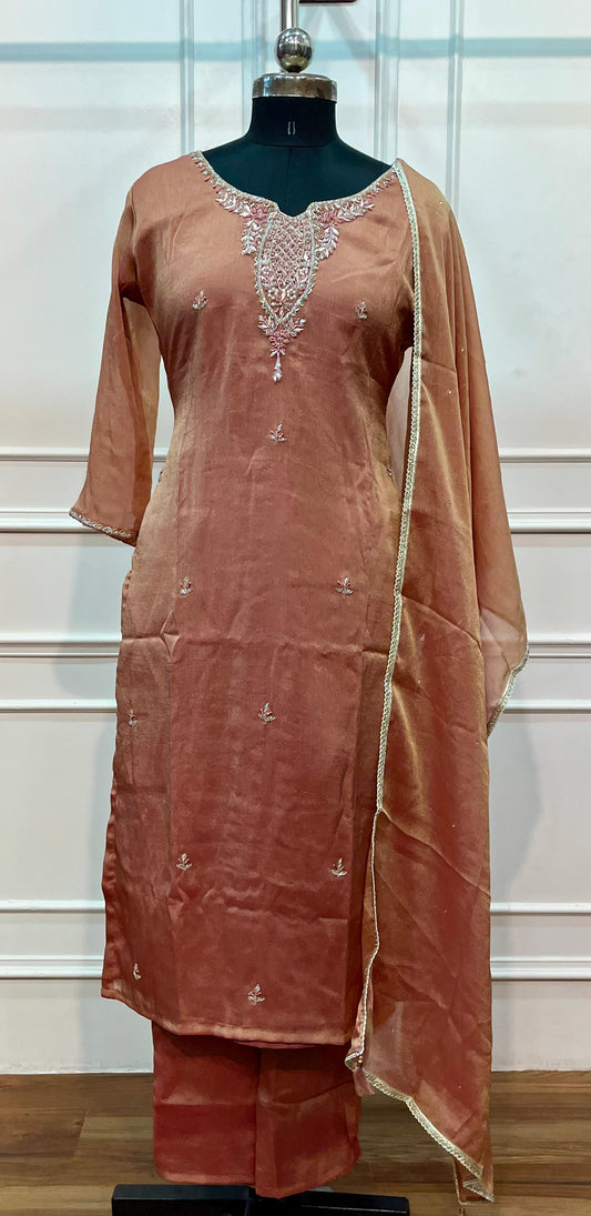 Terracotta Rose Imported Fabric Embroidered Straight Suit Set (RT1404)