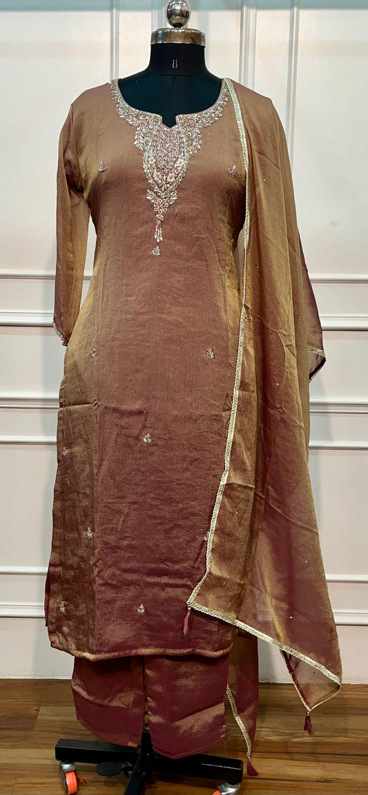 Mocha Elegance Imported Fabric Embroidered Straight Suit Set (RT1405)