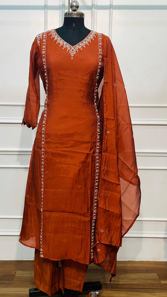 Rust Orange Elegance Mull Chanderi Embroidered A-Line Suit Set (RT1413)