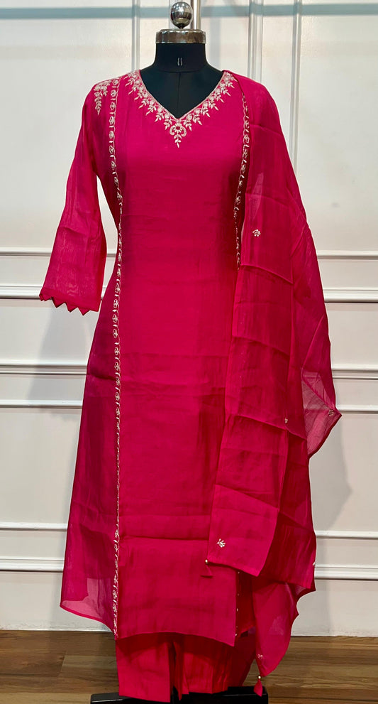 Rani Pink Grace Mull Chanderi Embroidered A-Line Suit Set (RT1414)