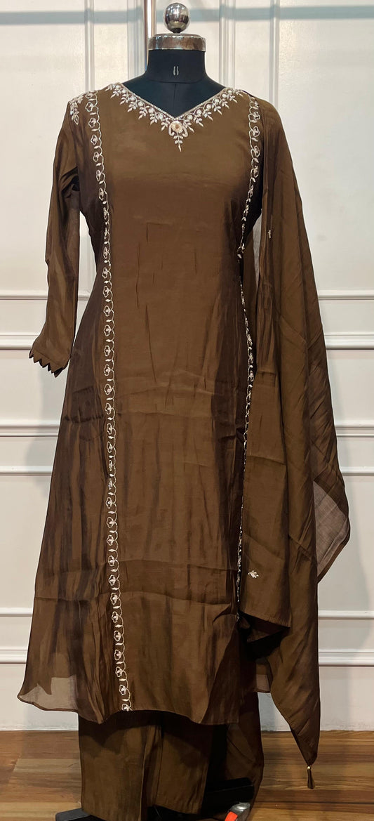 Coffee Brown Charm Mull Chanderi Embroidered A-Line Suit Set (RT1412)