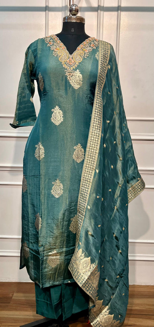 Teal Royale Russian Silk Embroidered A-Line Suit Set (RT1419)