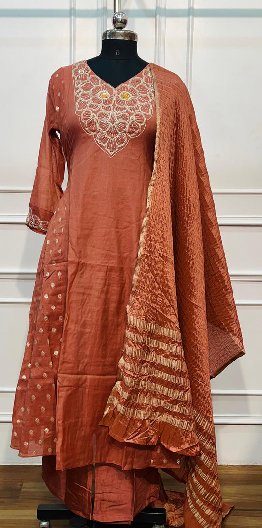 Terracotta Floral Grace – Premium Mull Chanderi A-Line 3 Piece Suit Set (RT1427)