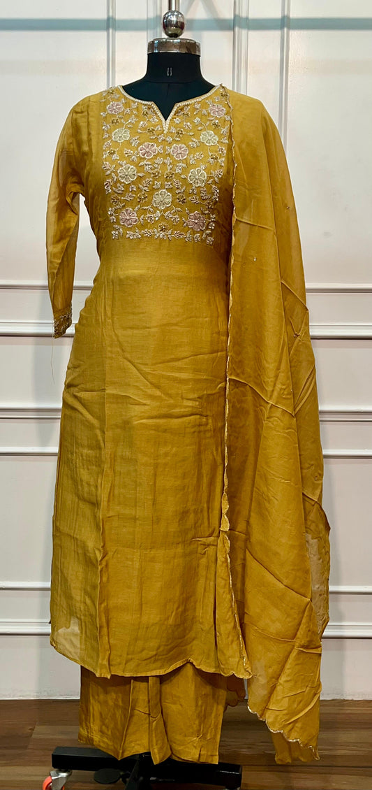 Mustard Bloom Premium Mull Chanderi Embroidered Suit Set (RT1424)