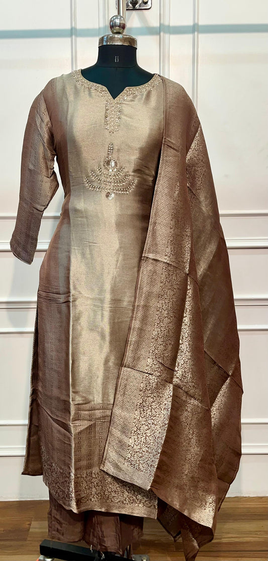 Mocha Royale Premium Tissue Shimmer Embroidered Suit Set (1423)
