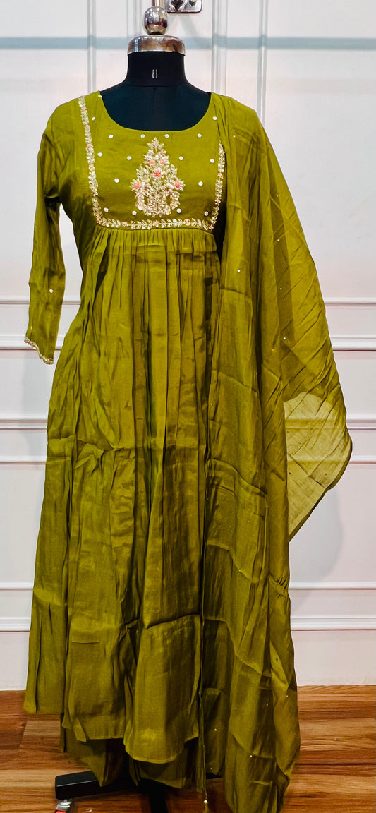 Olive Green Floral A-Line Mull Chanderi Set (RT1439)
