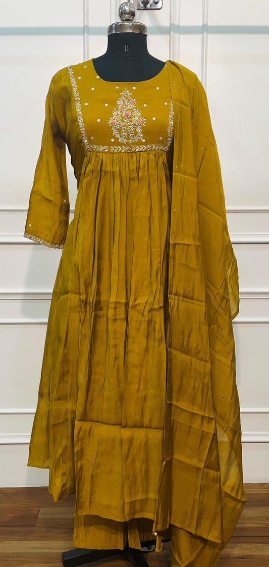 Mustard Bloom A-Line Mull Chanderi Set (RT1438)