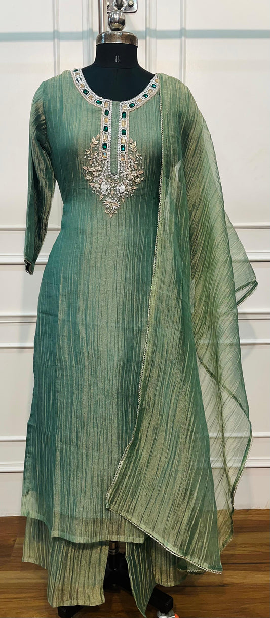 Elegant Sage Green Embroidered Salsa 3-Piece Straight Cut Suit Set (RT1434)