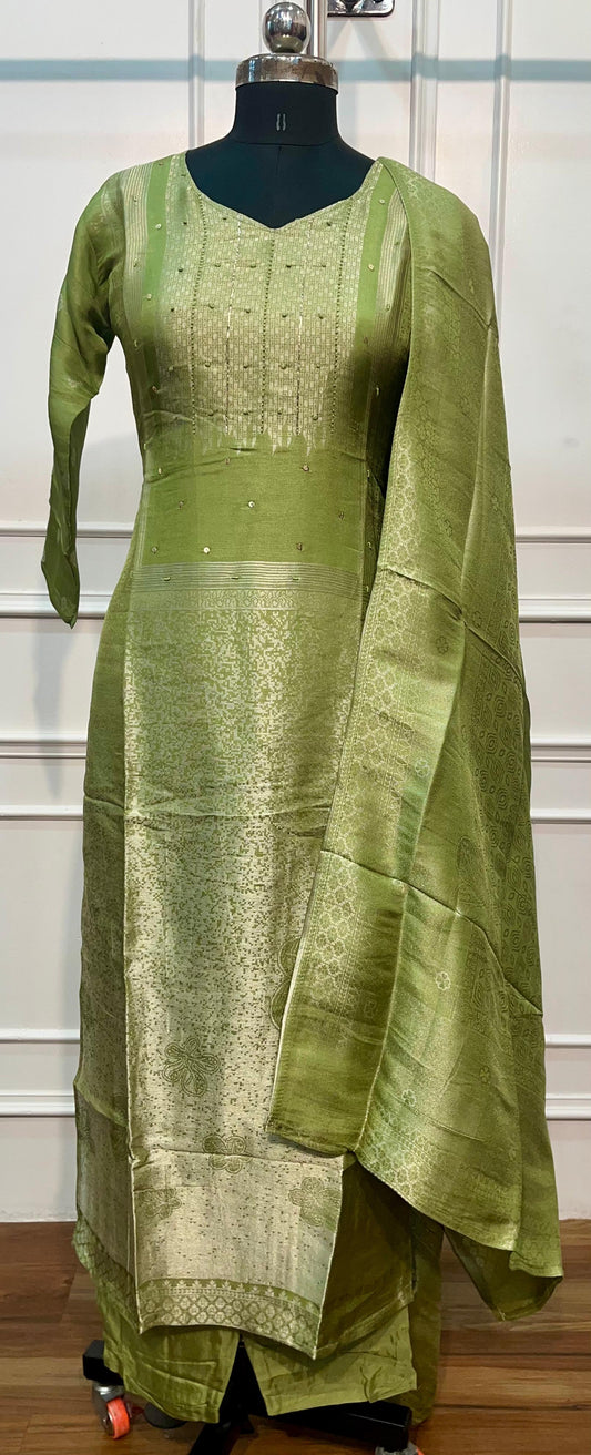 Elegant Lime Green Tissue Silk Straight-Cut 3-Piece Set (RT1433)