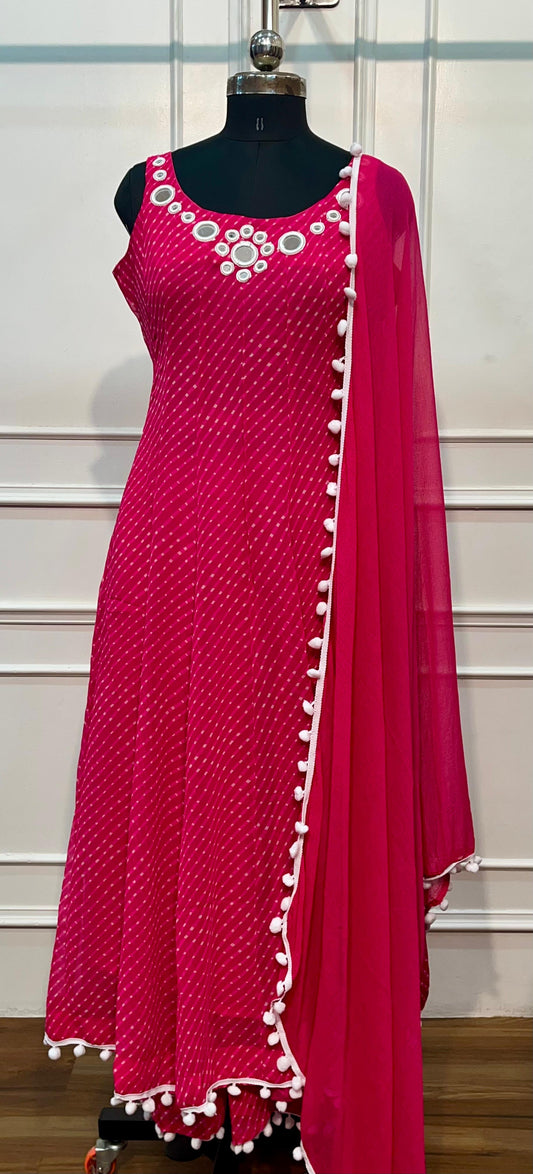 Rani Pink Mirrorwork Georgette Anarkali Set (RT1444)