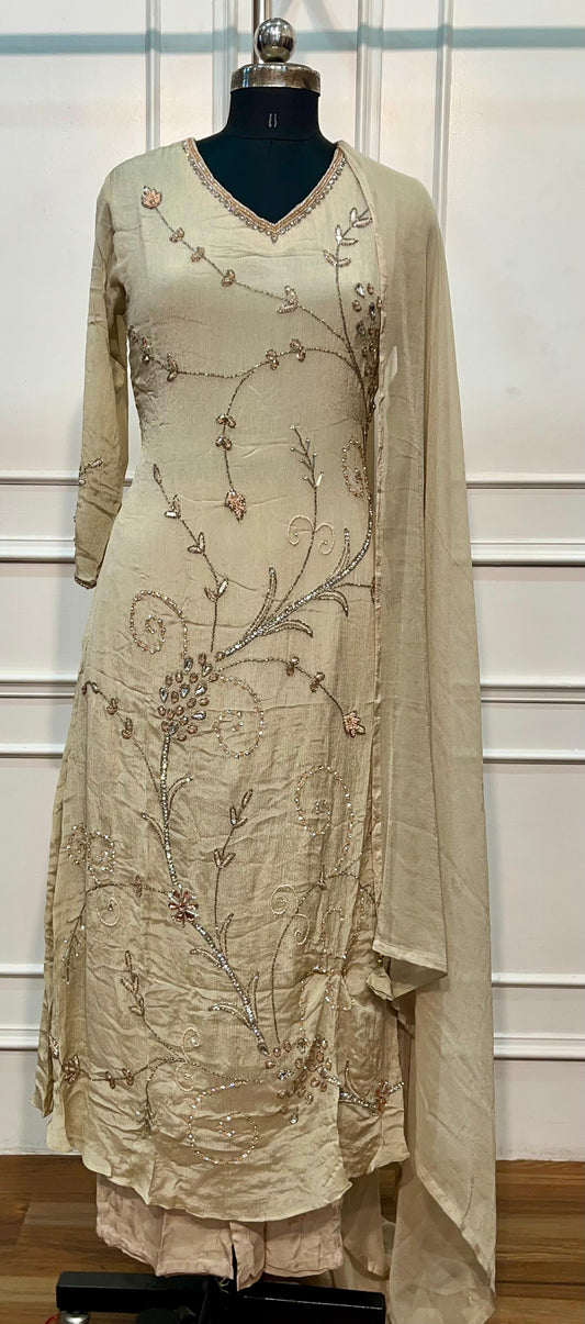 Sage Green Chinon A-Line Embroidered Suit Set (RT1450)
