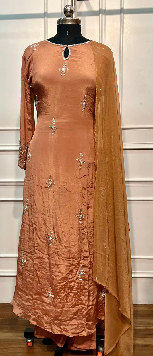 Peach Embroidered Chinon A-Line Suit Set (RT1451)