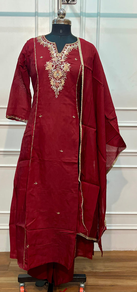Burgundy Royale Premium Mull Chanderi A-Line Suit Set (RT1456)
