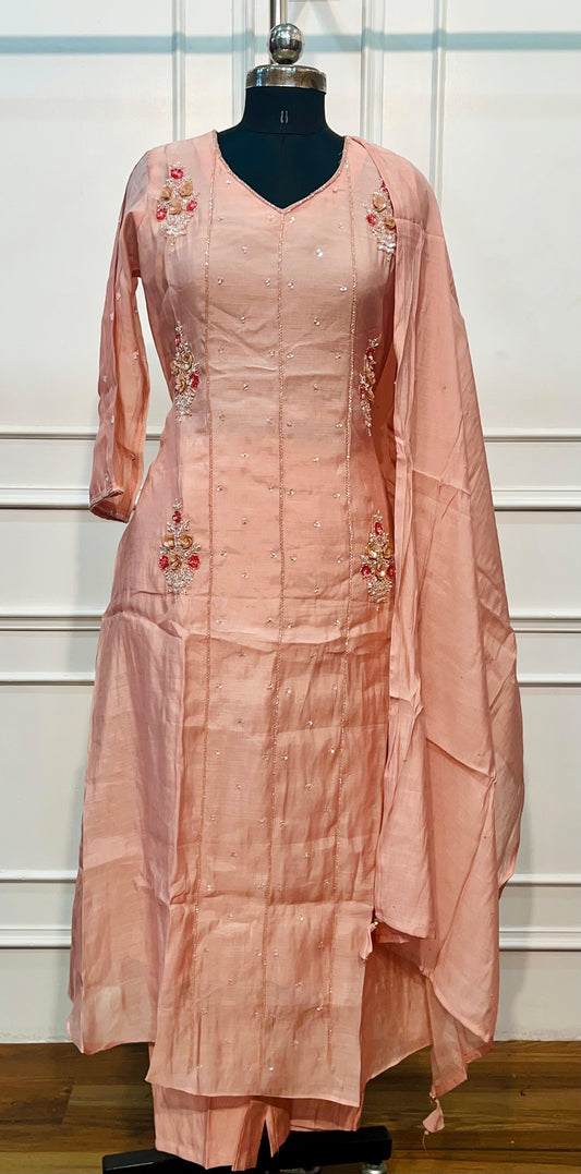 Blush Petal Embroidered Mull Chanderi A-Line Set (RT1460)