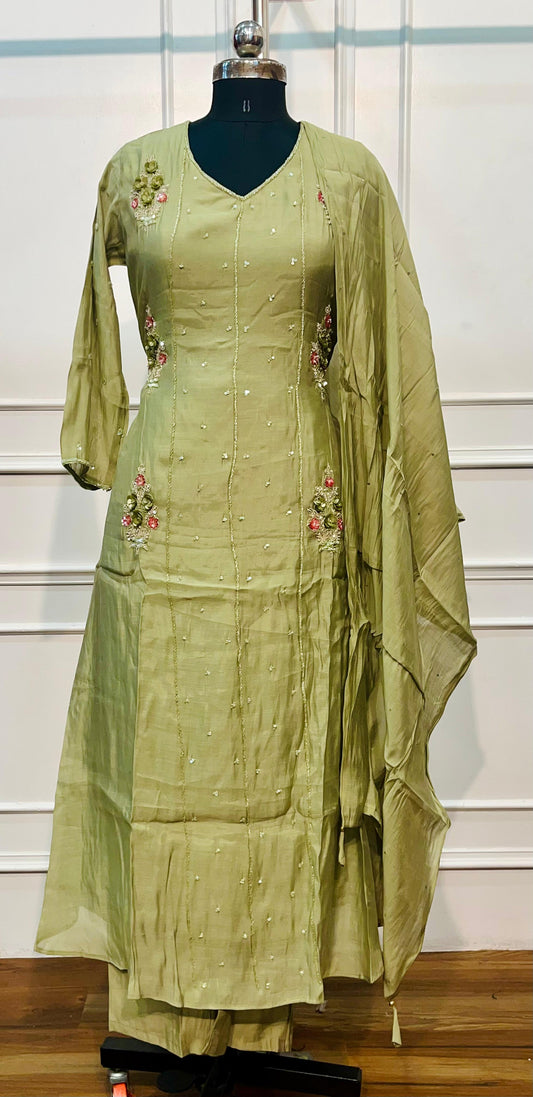 Pistachio Petal Embroidered Mull Chanderi A-Line Set (RT1459)