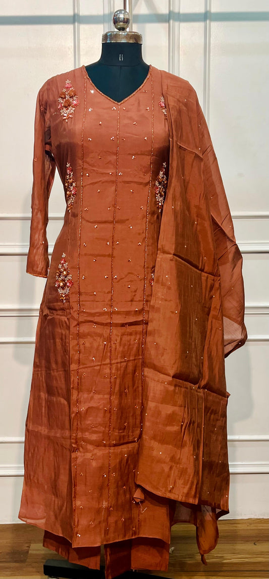 Cinnamon Bloom Embroidered Mull Chanderi A-Line Set (RT1458)