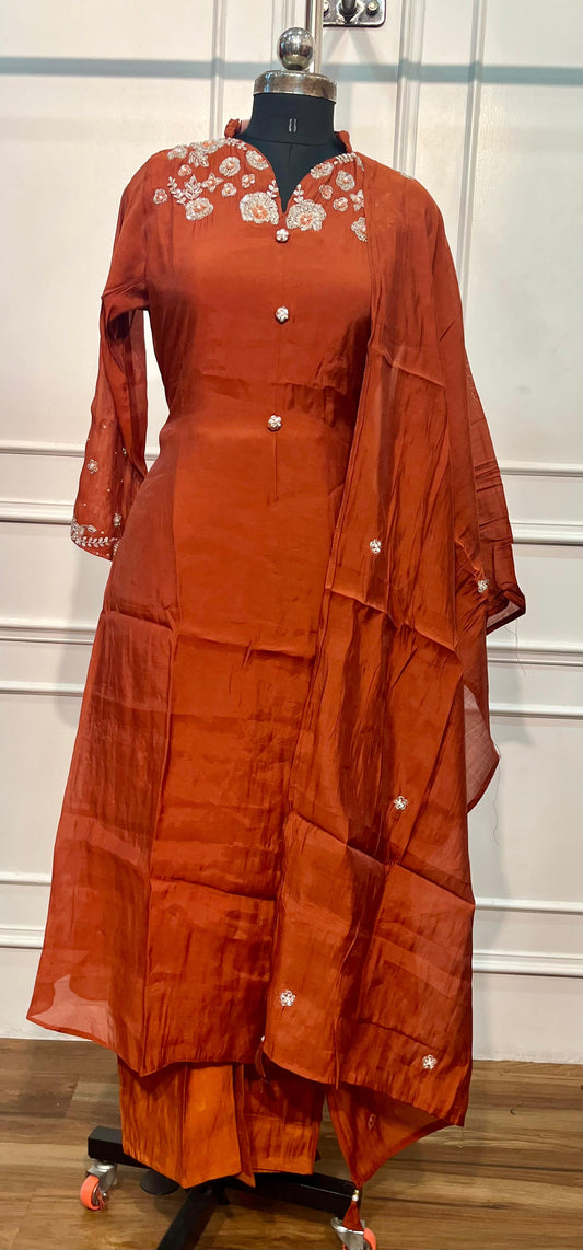 Burnt Orange Floral Mull Chanderi A-Line Set (RT1462)