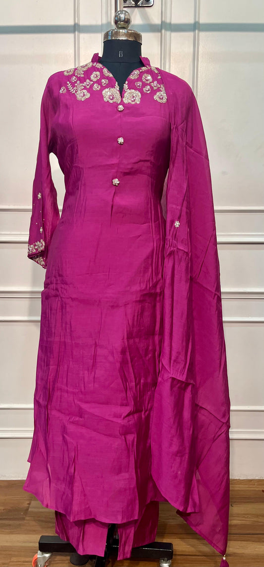 Regal Magenta Floral Mull Chanderi A-Line Set (RT1461)