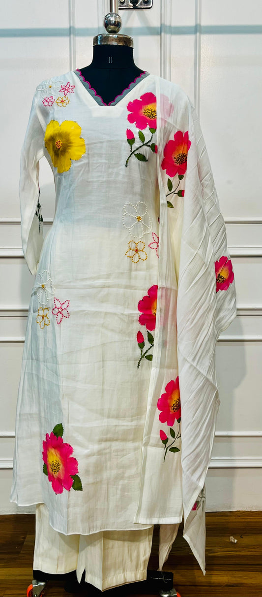 Ivory Floral Garden Mull Chanderi A-Line Set (RT1464)